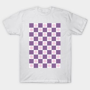 Retro Purple, Pink Checkered Floral Pattern T-Shirt